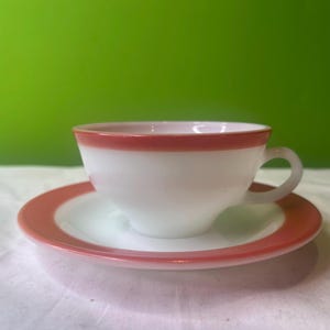 Vintage Flamingo Pink Banded Pyrex ~ Red Pyrex Tea Cup and Saucer