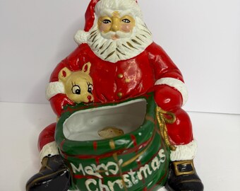 Vintage 1991 Houston Food Co Ceramic Santa W/ Reindeer - Merry Christmas Planter Or Candy Dish