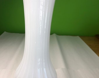 Vintage ribbed milk glass 12 inch vase scalloped rim