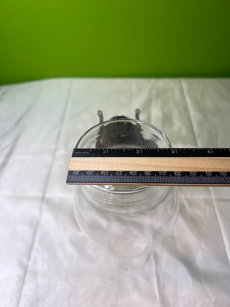 Puede incluir: Cuenco de vidrio transparente con asa de metal plateado. Una regla de madera se coloca sobre la parte superior del cuenco, midiendo aproximadamente 7,6 cm de ancho. El fondo es una superficie blanca con un fondo verde.