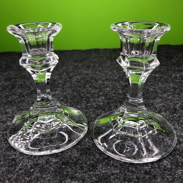 Vintage Heavy Cut Glass Candle Holders with Diamond Cut  finish and pedestal foot set of 2