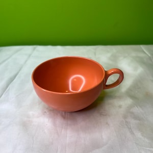 May include: A terracotta-coloured ceramic cup with a rounded bowl and a small, curved handle. The cup has a smooth, matte finish. The cup is empty and appears unused, set against a white and green background.