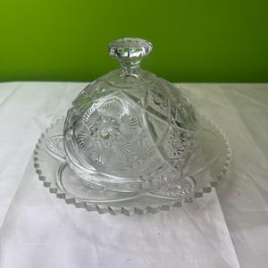 Vintage Clear Glass Round Dome Lidded Butter Dish with Star Design