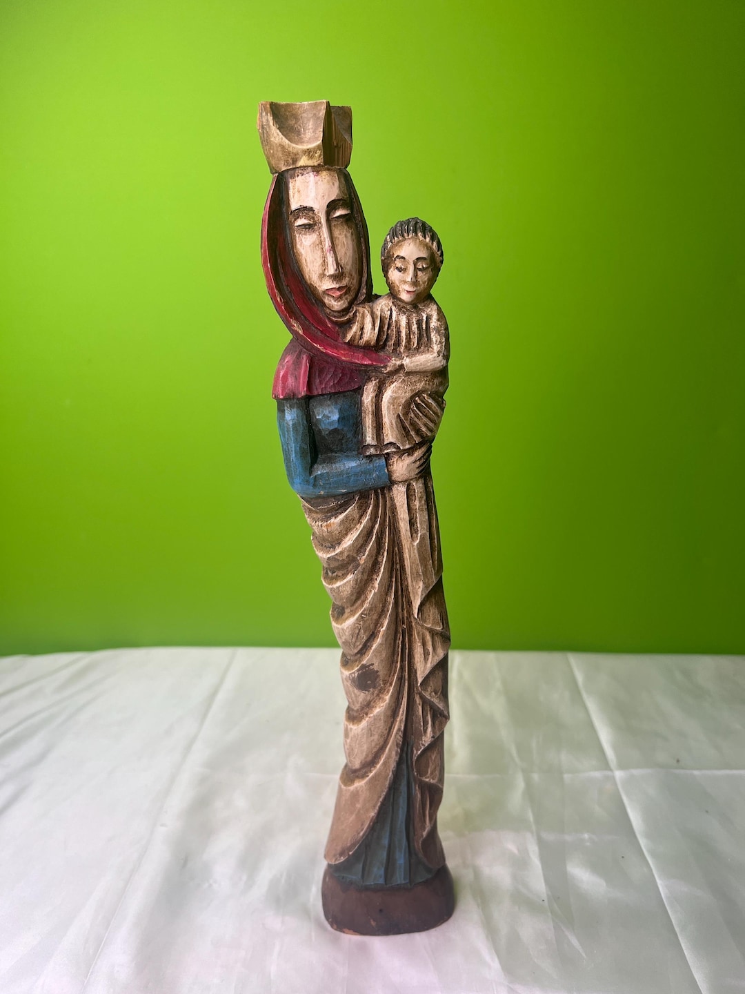 Vintage Statue Madonna and Jesus Child Carved Wood 20th-century Wooden ...