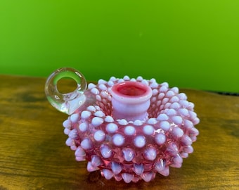 Vintage Fenton Cranberry Opalescent Hobnail Glass Candle Holder Finger Loop Handle