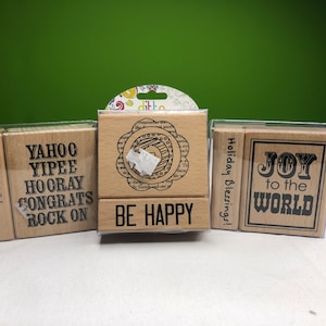 Rubber Stamp Woodblock Holiday Happy Joy themed 3 sets new in packaging