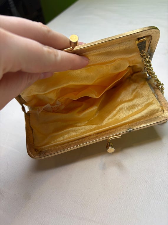 vintage Walborg gold beaded clutch purse, often featuring intricate needlepoint designs and a kiss lock closure. View 3