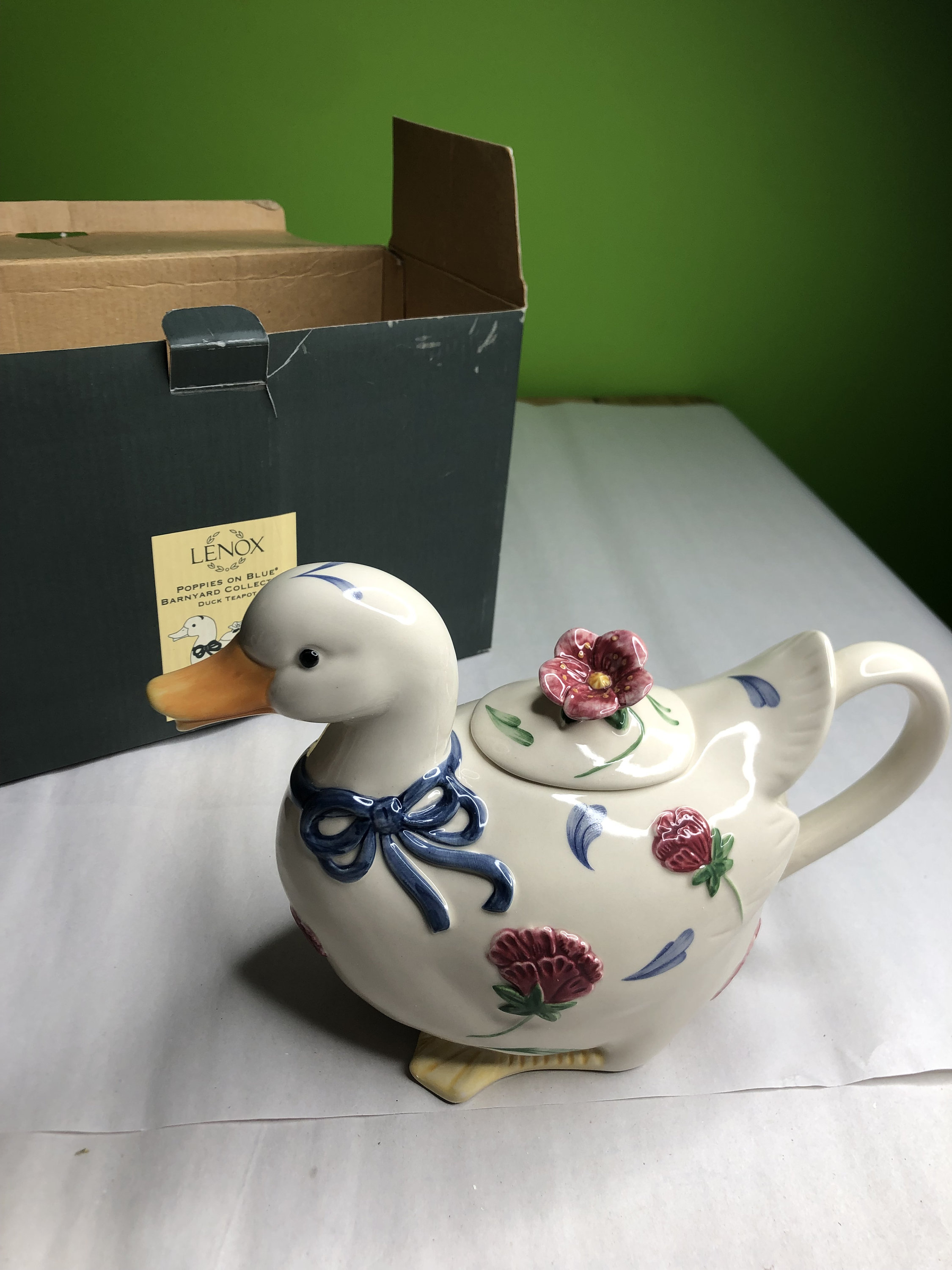 Vintage Lenox Duck Teapot “poppies on Blue” Barnyard Collection