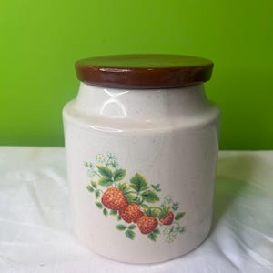 Vintage Ceramic Lidded Canister Jar by House of Webster ~ Speckled Tan Jar with Strawberries and Leaves