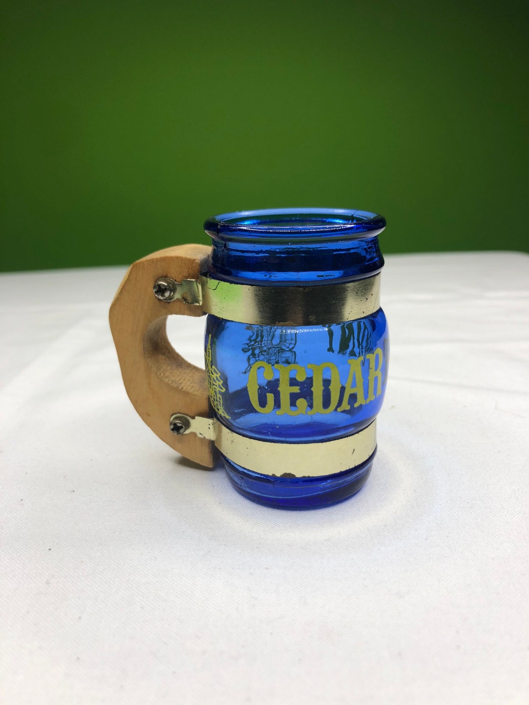 Vintage Cedar Point Blue Glass Toothpick Holder Mug With Great Wooden