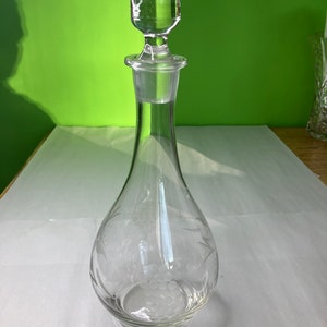 Vintage Etched Clear Glass Decanter with Grape and Leaf Pattern and Glass Stopper