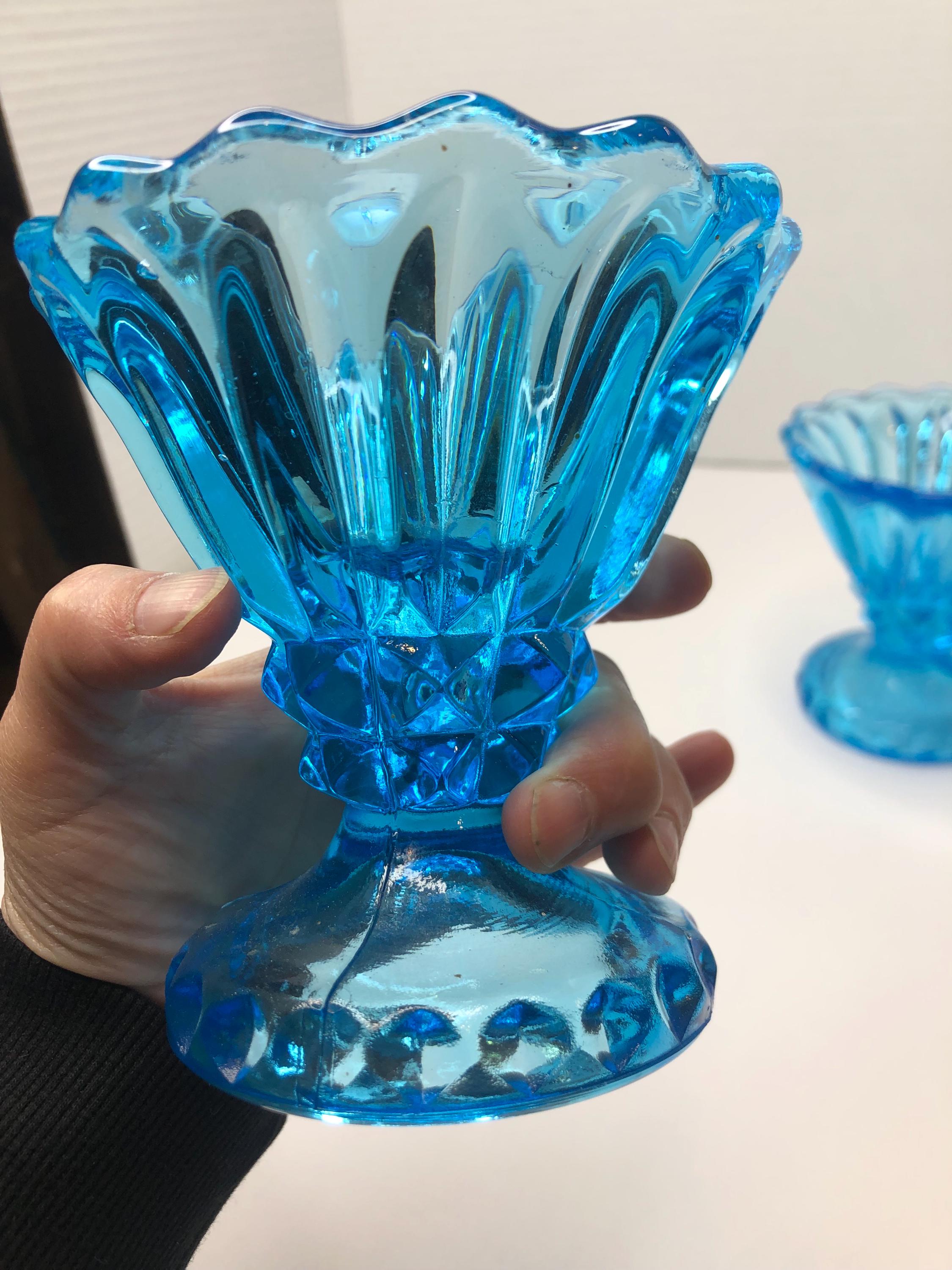 ヴィンテージ ブルー ガラス キャンドルスティック 台座 ブルー ガラス