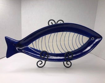 Vintage azul cobalto cerámica pescado en forma de Piscis bandeja de servicio/plato marca inart hecha en p.r.c.