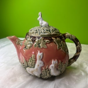 Vintage CBK Nouveau Majolica Teapot Green Bunny Rabbit Easter Garden Waniang ~ Heavy Ceramic