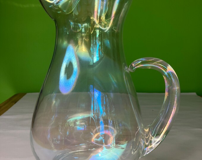 Vintage Iridescent Glass Pitcher With Coloring and Beautifully