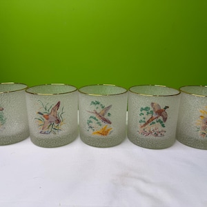 May include: Five frosted glass tumblers with gold rims. Each tumbler features a different bird illustration in shades of brown, green, and yellow. The glasses are arranged in a row on a white surface.