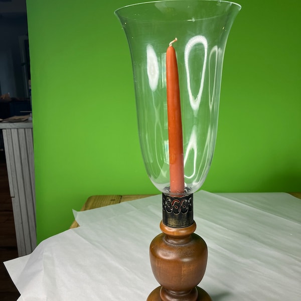 Vintage Candle Hurricane Style Lamp amazing wood base Glass Shade and brass fitting