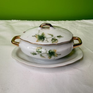 Pode incluir: Uma sopeira de porcelana branca com tampa, alças e pires a condizer. A sopeira e a tampa são decoradas com padrões de folhas verdes e amarelas e acabamentos dourados. A sopeira está sobre um pires branco.