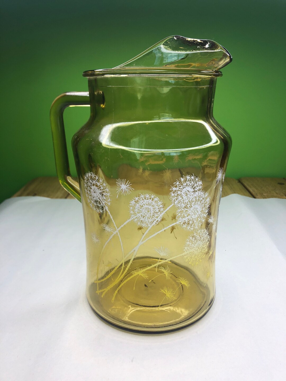 Vintage Amber Glass Pitcher Tea Beer Water With Dandelion Design and Lovely Shape and