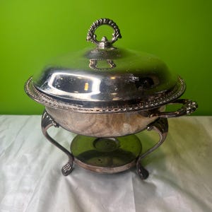 Vintage WM Rogers 3 Piece Entirely Silver Plated Round Chafing Dish with Tripod Base and Baroque Design ~ Lid, Bowl, and Holder