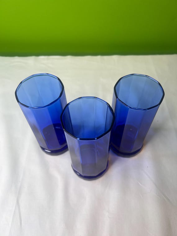 Vintage Anchor Hocking Cobalt Blue Set of 3 Glasses ~ Paneled