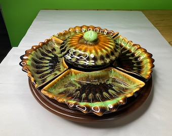 Vintage Ceramic Chip and Dip Serving Combination with Gorgeous Marbling Colors