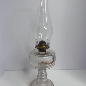 Vintage Clear Glass Hurricane Oil Lamp with Horizontal Ribbed Pedestal and Etched Base ~ Eagle Burner