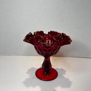 Vintage Bright Ruby Red Fenton Stemmed Glass Thumbprint Compote Bowl