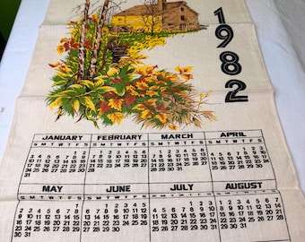 Vintage kalender theedoek muur hangend 1982 linnen kalender landhuis linnen kalender handdoek