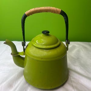 Vintage BRIGHT Green Teapot Enamel W Black Rattan Handle Granny Core Groovy OMC Sticker ~  Well Loved