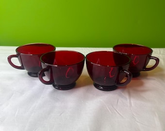 Vintage Ruby Red Depression Glass Set Of 4 Coffee Tea Cups