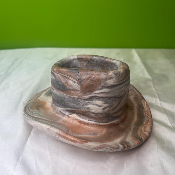 Vintage Comanche Brown Marmor Swirl Ton Keramik Cowboy Hut Desktop Kartenhalter Briefbeschwerer