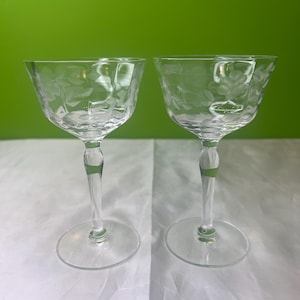Vintage Floral Etched Champagne Coupes or Tall Sherbets Glasses ~ Set of 2
