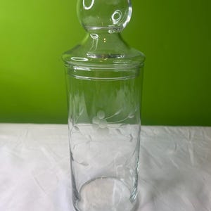 Vintage Glass Canister Etched Lidded Jar Princess House Bordeaux Clear Floral Flower Detail Feminine Vanity Countertop Storage Container