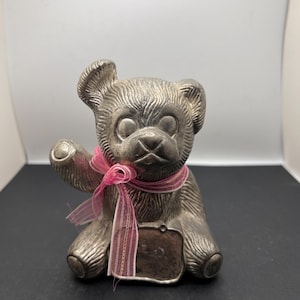 Vintage Metal Teddy Bear Piggy Bank with Pink Bow ~ Unknown Maker