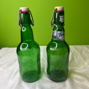 Vintage Grolsch Green Lauger Bierflasche mit weiß / rotem Porzellanbügeldeckel ~ Auswahl von 3