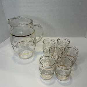 Vintage 7 pièces Bartlett Collins, lot de 6 verres à boire et pichet avec bordure dorée et fruits poires gravés en blanc