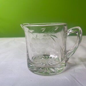 Vintage Clear Glass Creamer Etched with Grape Pattern ~ Heavy Miniature