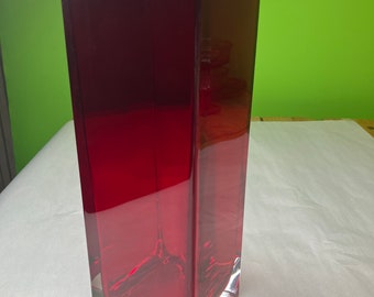 Vintage Ruby Red and Clear Glass Pillar Shape Vase Absolutely Stunning