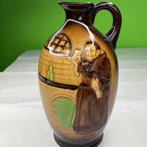 vintage Moriyama Hand Painted Brown Pottery Japan Beer Pitcher, Monk, vintage