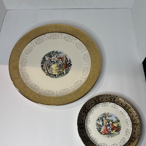 Vintage Sabin 22k Crest oder Gold viktorianisches Paar verzierte Teller Set - kleine und XL dekorative Servierteller