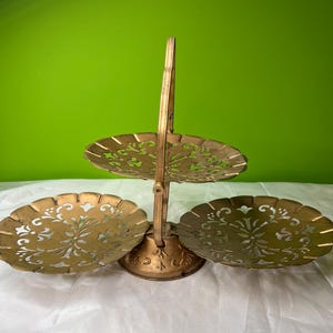 Vintage Folding Cake/ Serving Tray 3 Tier Dish w/ Handle ~ Gold Color