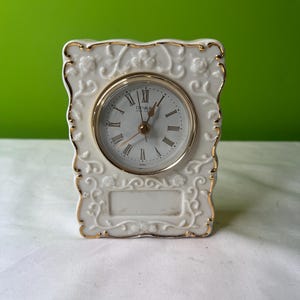 Vintage Danbury Porcelain White Mantel Shelf Clock with Gold Trim ~ Quartz Battery Operated