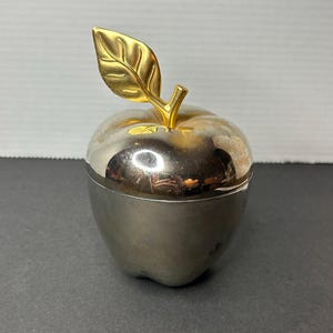 Vintage Metal Golden Apple Shaped Lidded Trinket Box
