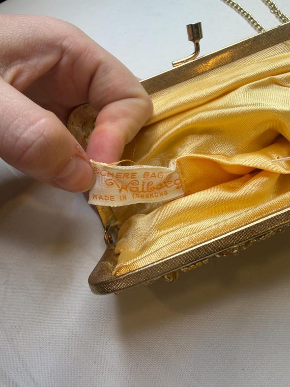 vintage Walborg gold beaded clutch purse, often featuring intricate needlepoint designs and a kiss lock closure. View 4