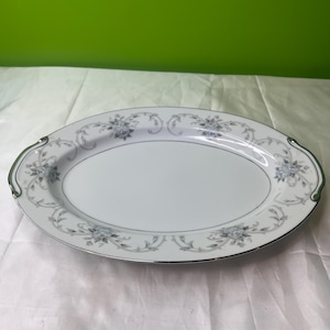 Vintage Rare Empress China Fleurette 601 Oval Double Handled Serving Platter with Silver Trim and Blue Floral Design ~ Japan