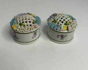 Vintage porseleinen Basketweave deksel bloemen sieraden ring schotel set