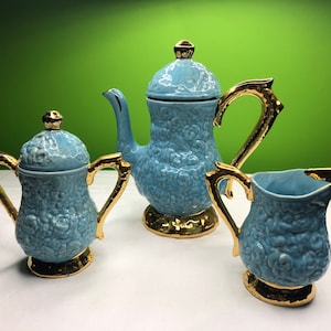 Vintage Ceramic Blue and Gold Tea Pot Sugar and Creamer 5 piece set with Gorgeous textured Finish and elegant accents