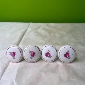 Vintage Porcelain Pink Rose Pull Knobs, White with Pink Flowers Drawer Knob, Porcelain Knob, Floral Knob ~ Lot of 4
