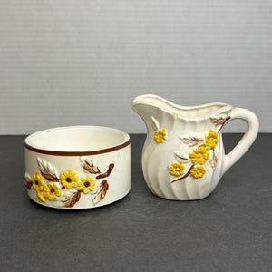 Vintage Pretty White Ceramic Harvest Yellow and Brown Flowers Sugar and Creamer Set